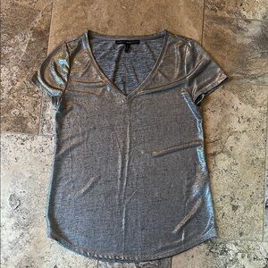 White House Black Market Shiny Silver V-Neck Women's Top